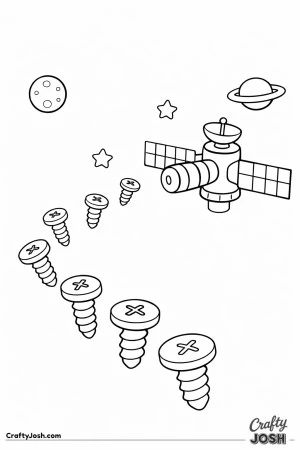 A curved trail of screws floats through space toward a satellite, with a moon, stars, and a ringed planet in the background