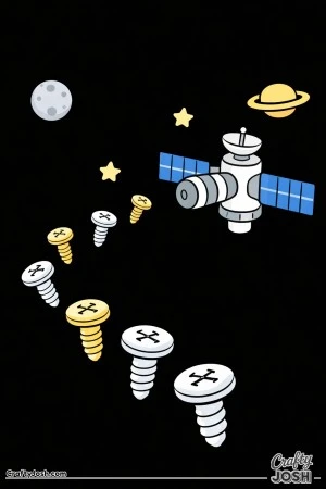 A curved trail of screws floats through space toward a satellite, with a moon, stars, and a ringed planet in the background