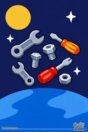 Several large wrenches, screwdrivers, bolts, and a nut are floating gently above a curved planet with simple stars and a round moon in the background