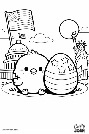 A fluffy chick stands next to a decorated egg with stars and stripes, set in front of a capitol building, a waving flag, and a tall statue holding a ..
