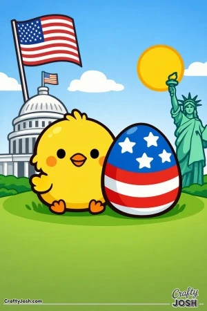 A fluffy chick stands next to a decorated egg with stars and stripes, set in front of a capitol building, a waving flag, and a tall statue holding a ..