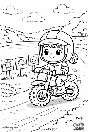 A curious chibi-style girl rides a small motorcycle along a gently curving road, passing picture signs.