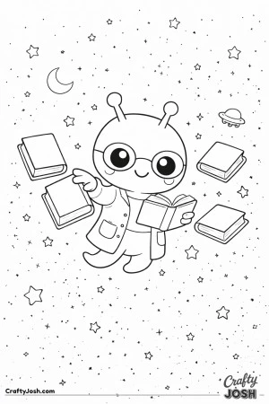 A friendly alien librarian floats calmly in outer space, smiling while gently organizing books that drift around in zero gravity against a galaxy ..