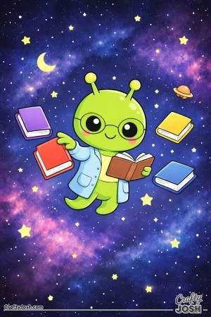 A friendly alien librarian floats calmly in outer space, smiling while gently organizing books that drift around in zero gravity against a galaxy ..