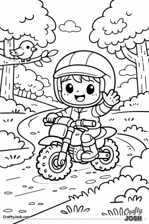 Chibi-style child riding a small motorcycle along a forest trail, waving hello to a bird.