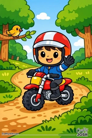 Chibi-style child riding a small motorcycle along a forest trail, waving hello to a bird.