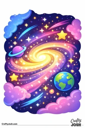 A swirling spiral galaxy fills the page, surrounded by stars, clouds, and two simple planets