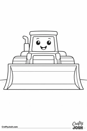 This simple front-facing bulldozer coloring page features a wide blade, two large tracks, and a bold centered design