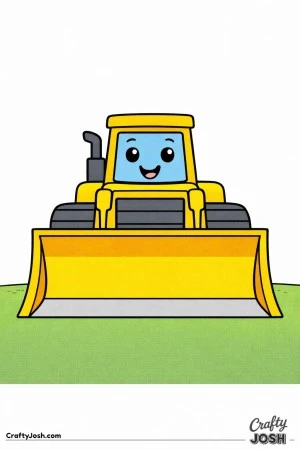 This simple front-facing bulldozer coloring page features a wide blade, two large tracks, and a bold centered design