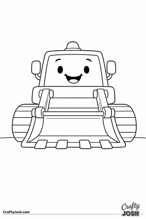 This coloring page shows a large front-facing digger with a wide bucket and two big tracks clearly visible