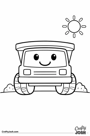 This front-facing dump truck coloring page features a bold, friendly construction vehicle with large wheels and simple shapes perfect for toddlers