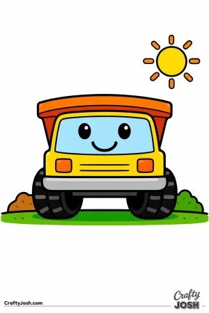 This front-facing dump truck coloring page features a bold, friendly construction vehicle with large wheels and simple shapes perfect for toddlers