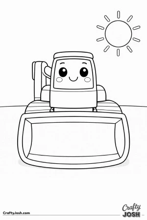 This simple front-facing kawaii digger coloring page features a wide rounded bucket, big tracks, and a cheerful sun overhead