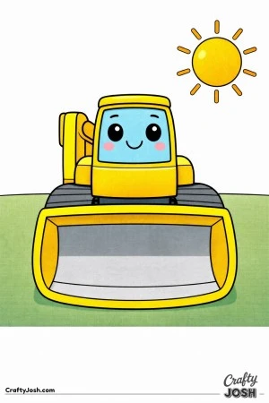 This simple front-facing kawaii digger coloring page features a wide rounded bucket, big tracks, and a cheerful sun overhead