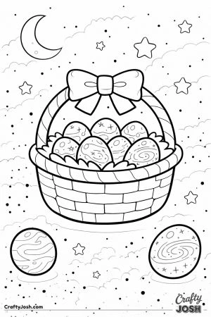 An Easter basket with a bow is filled with swirl-patterned eggs and surrounded by stars, clouds, and a crescent moon in the night sky