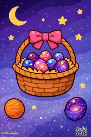 An Easter basket with a bow is filled with swirl-patterned eggs and surrounded by stars, clouds, and a crescent moon in the night sky