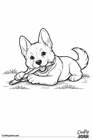 German shepherd puppy chewing stick