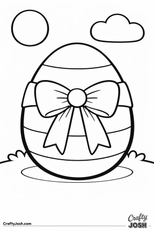 A giant Easter egg with horizontal stripes and a large bow sits on a grassy hill under a simple sun and one cloud