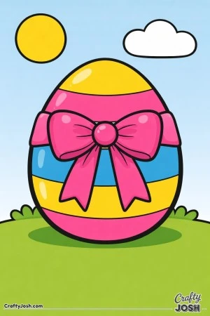 A giant Easter egg with horizontal stripes and a large bow sits on a grassy hill under a simple sun and one cloud