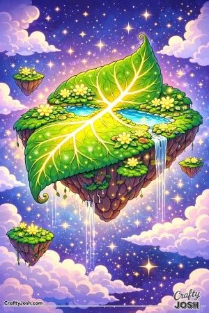 A floating island shaped like a giant leaf drifts through the sky, with glowing veins, flowers, small ponds, and waterfalls flowing from its edges ..