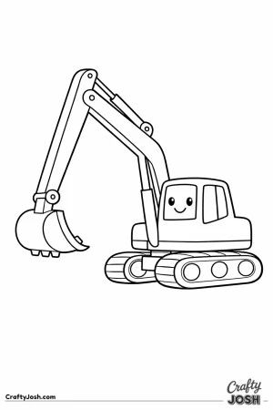 This simple coloring page shows a giant long-arm excavator with an extra-long digging arm and a large bucket raised high above its wide tracks