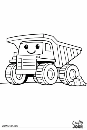 This giant mining dump truck coloring page features an enormous construction vehicle with extra large wheels and a huge open dump bed