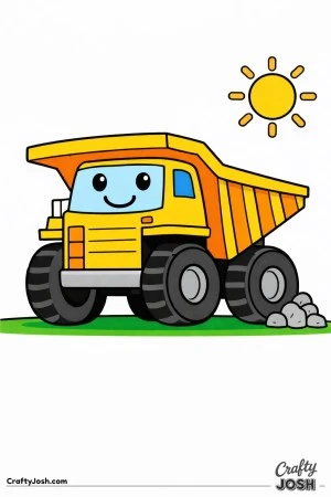 This giant mining dump truck coloring page features an enormous construction vehicle with extra large wheels and a huge open dump bed