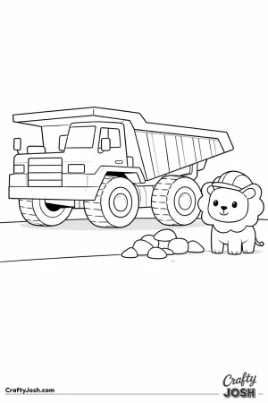 This coloring page shows a giant mining dump truck with huge wheels and a large open bed standing beside a small lion wearing a construction helmet