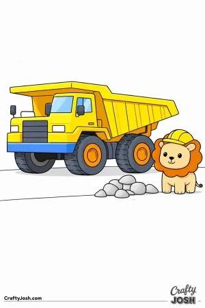 This coloring page shows a giant mining dump truck with huge wheels and a large open bed standing beside a small lion wearing a construction helmet