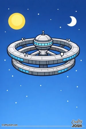 A huge circular space station with multiple rings floats peacefully in outer space, with a sun, a crescent moon, and scattered stars in the background