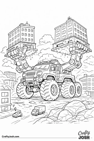 Giant truck lifting buildings