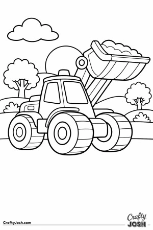This simple wheel loader features a very large front bucket and two big round wheels set against a calm sunset scene designed for toddlers ages 2–4