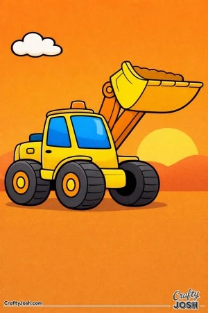 This simple wheel loader features a very large front bucket and two big round wheels set against a calm sunset scene designed for toddlers ages 2–4