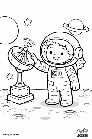 A smiling girl astronaut stands on the moon adjusting a satellite dish, with planets and stars in the background