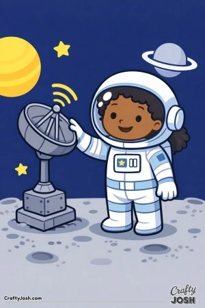 A smiling girl astronaut stands on the moon adjusting a satellite dish, with planets and stars in the background