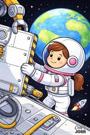 A girl astronaut with a ponytail holds and guides a large panel into place while floating in space, with Earth and stars behind her