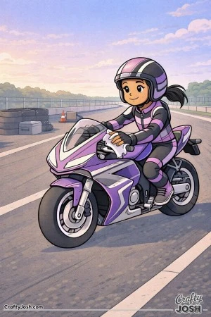 Calm young girl gently cleaning her race motorcycle after practice in a quiet trackside area