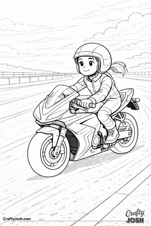 Focused young girl riding a race-style motorcycle along a curving racetrack under a calm, cloud-filled sky