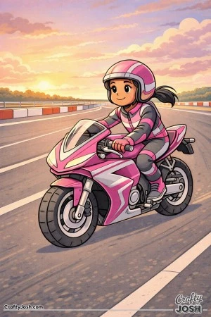 Focused young girl riding a race-style motorcycle along a curving racetrack under a calm, cloud-filled sky