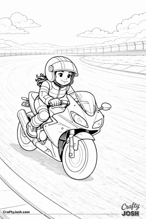 Focused young girl practicing smooth cornering on a race motorcycle along an empty track, designed with clean outlines for kids around 10 years old