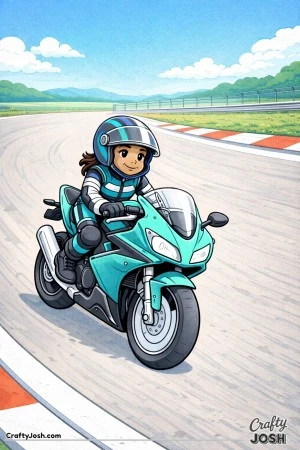 Focused young girl practicing smooth cornering on a race motorcycle along an empty track, designed with clean outlines for kids around 10 years old