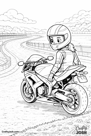 A young rider stands beside her race motorcycle while looking out over a winding racetrack, capturing a calm moment of excitement and anticipation.
