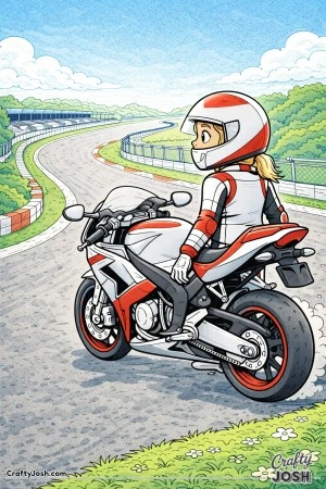 A young rider stands beside her race motorcycle while looking out over a winding racetrack, capturing a calm moment of excitement and anticipation.