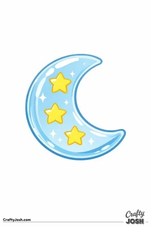 A big crescent moon has three stars inside it, with a few tiny sparkle stars around them