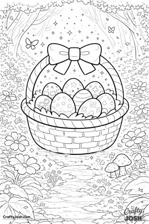 A glowing Easter basket filled with decorated eggs sits on a forest path surrounded by flowers, mushrooms, butterflies, and tall trees