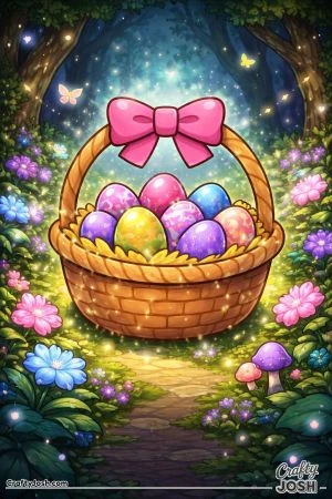 A glowing Easter basket filled with decorated eggs sits on a forest path surrounded by flowers, mushrooms, butterflies, and tall trees