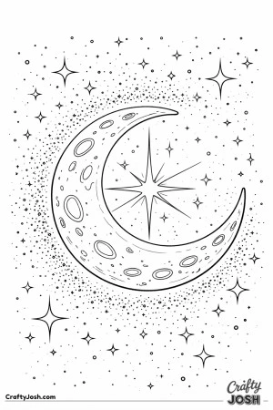 A glowing crescent star moon floats in the night sky, surrounded by tiny twinkling stars and sparkling star dust