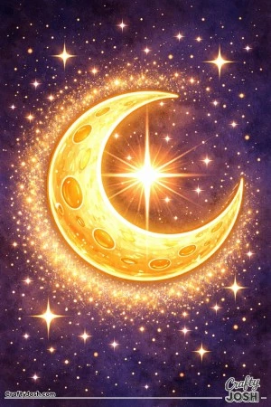 A glowing crescent star moon floats in the night sky, surrounded by tiny twinkling stars and sparkling star dust