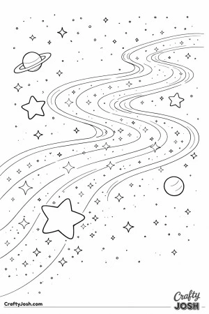 A winding ribbon-shaped river flows through space, surrounded by stars and two planets