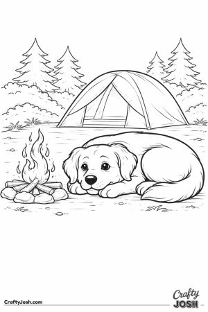 Golden retriever by campfire